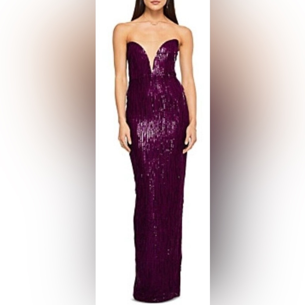 NWT Nookie Karma Sequin Fringe Strapless Evening Gown in Purple Amethyst -‎ XS